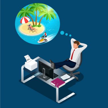 İzometrik ofis çalışanı ya da dinlenme, tatil ve seyahat işyeri rüyalarda işadamı. Çalışma zamanında bir ara. Sahilde yaz tatili hakkında rüya adam düz çizimi.
