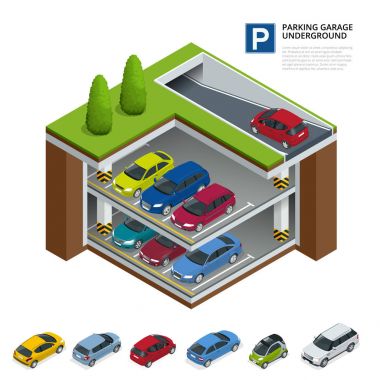 Yeraltı otoparkı. Kapalı otopark. Kentsel araba Park Servisi. 3D izometrik vektör çizim Infographic için düz.