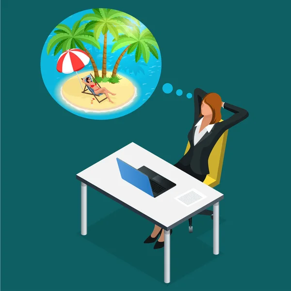 Trabajadora de oficina isométrica o mujer de negocios en el lugar de trabajo sueña con descanso, vacaciones y viajes. Una pausa en el tiempo de trabajo. Ilustración de mujer de negocios soñando con vacaciones de verano en la playa — Vector de stock