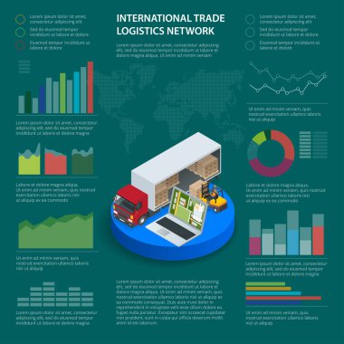 Infographics ile veri simgeler, dünya harita harita ve uluslararası ticaret lojistik ağ Infographic vektör çizim kargo taşımacılığı için izometrik araçlar ile tasarım unsurları