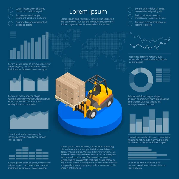 Infografik med data ikoner, världen karta diagram och designelement av internationell handel logistik nätverk infographic vektorillustration med isometrisk fordon för godstransport — Stock vektor