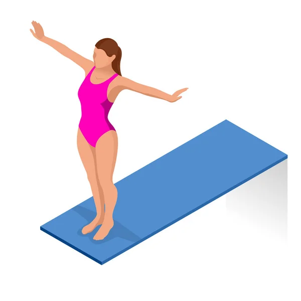 Búvárkodás a vízbe, a medence mellett, hogy az izometrikus emberek búvár. Női úszó, hogy jumping és a búvárkodás a fedett uszoda. Sportos nő. — Stock Vector
