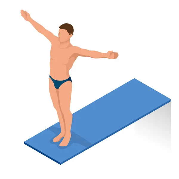 Isometrische Menschen, die ins Wasser springen, ins Schwimmbad springen, tauchen. Schwimmerin, die ins Sporthallenbad springt und springt. sportliche Frau. — Stockvektor