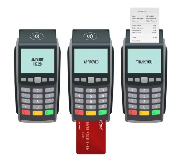 Διανυσματικό μηχάνημα πληρωμής και πιστωτική κάρτα. POS τερματικό επιβεβαιώνει την πληρωμή με χρεωστική πιστωτική κάρτα, επίκληση. Εικονογράφηση διάνυσμα σε επίπεδη σχεδίαση. Έννοια πληρωμών NFC — Διανυσματικό Αρχείο
