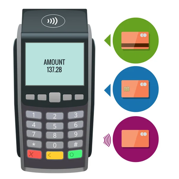 Machine de paiement vectorielle et carte de crédit. terminal POS confirme le paiement par carte de crédit de débit, facture. Illustration vectorielle en plan. Concept de paiements NFC — Image vectorielle