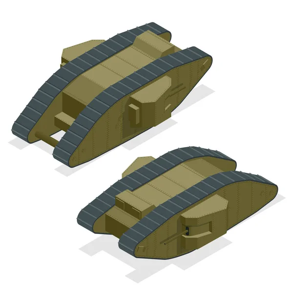 Mark I Tanque pesado británico durante la Primera Guerra Mundial El fundador de la familia de tanques británicos en forma de diamante Transporte de guerra vectorial isométrico Vehículo blindado de combate diseñado para el combate en primera línea — Vector de stock