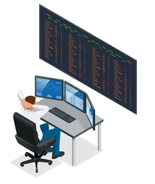 Analyzing data, graphs and reports for investment purposes Creative teamwork traders Businessmen trading stocks online Stock brokers looking at graphs, indexes and numbers on multiple computer screens — Stock Vector