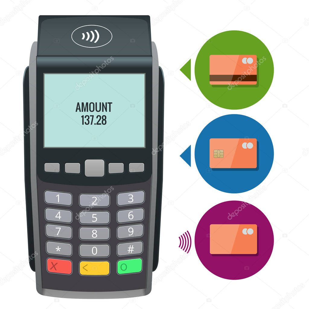 Vector payment machine and credit card. POS terminal confirms the payment by debit credit card, invoce. Vector illustration in flat design. NFC payments concept