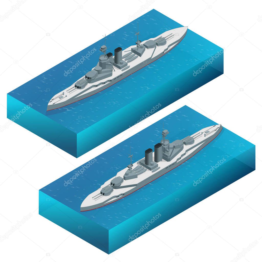 Isometric Military dreadnought warship vector illustration. Navy armored boat. For military concept, infographics, icon, web design. Military sea transport.