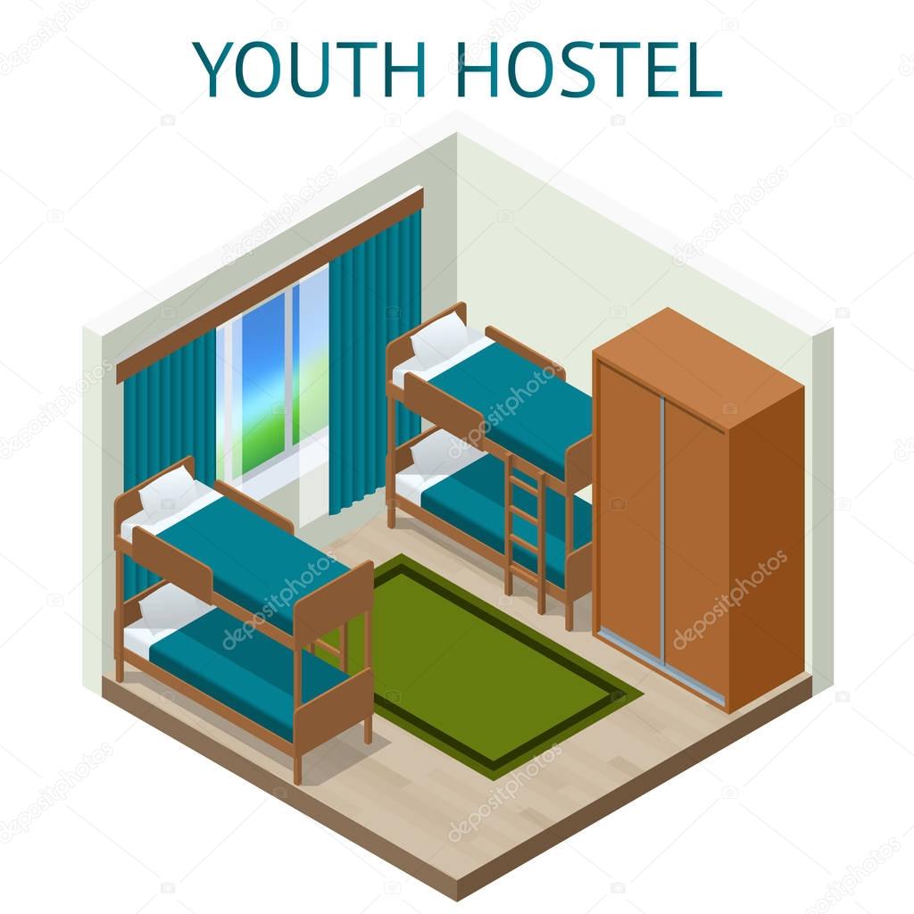 Youth hostel building facade, backpack, double decker bunk bed, room key Travel and tourism business themed items. Isometric hostel room