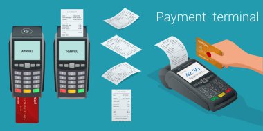 Vektör ödeme makinesi ve kredi kartı. POS terminali ödemeyi banka kartı ve fatura ile doğruladı. Düz tasarımda vektör illüstrasyonu. NFC ödeme konsepti. Isometric NFC ödeme kavramı