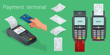 Vektör ödeme makinesi ve kredi kartı. POS terminali ödemeyi banka kartı ve fatura ile doğruladı. Düz tasarımda vektör illüstrasyonu. NFC ödeme konsepti. Isometric NFC ödeme kavramı