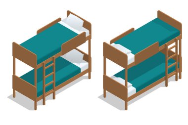 İzometrik vektör ahşap iki katlı yatakta ayrı olarak beyaz bir arka plan. Oturma odasında iki ranza yatak ile bir hostel. Kamp kabin.