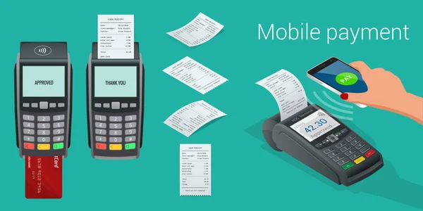 Máquina de pago vectorial y tarjeta de crédito. Terminal POS confirma el pago con tarjeta de crédito de débito, factura. Ilustración vectorial en diseño plano. Concepto de pagos NFC. Concepto isométrico de pagos NFC — Vector de stock