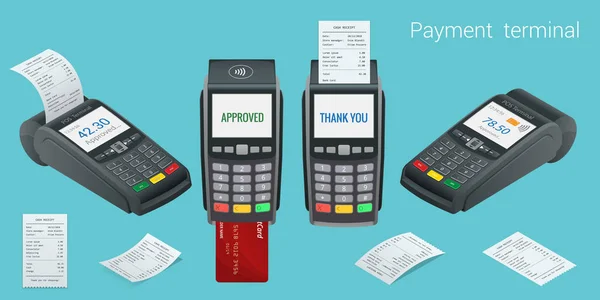벡터 결제 기계와 신용카드입니다. POS 터미널은 debit credit card, aice 로 지불을 확인 한다. 평평 한 디자인의 벡터 그림. NFC 결제 개념. 구체적 인 NFC 지불 개념 — 스톡 벡터
