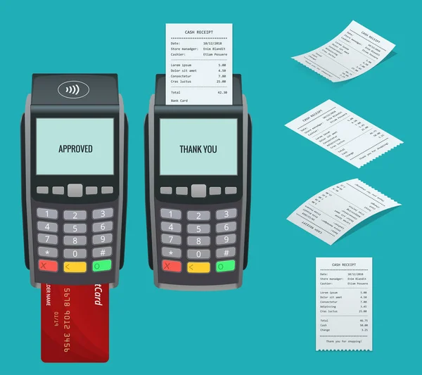 Wektor płatności maszyny i karty kredytowej. Terminal POS potwierdza płatność kartą debetową, fakturą. Ilustracja wektora w płaskiej konstrukcji. Koncepcja płatności NFC. Izometryczna koncepcja płatności NFC — Wektor stockowy