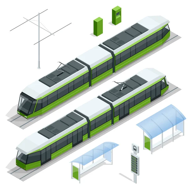 아이소메트릭 여객 전차 기차, 전차 고립 된 흰색 현대 도시 Tramcar, 정체성을 브랜딩 및 광고 디자인에 대 한 경전철 열차에 전차 시 전기 전송의 세트 — 스톡 벡터