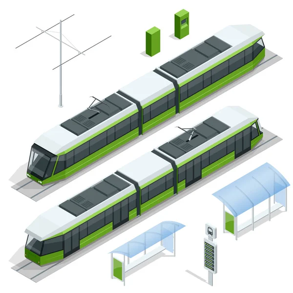 Set isometrische passagier Tram trein, tram stad elektrisch vervoer tram geïsoleerd op witte moderne stedelijke tram, lightrail trein voor branding identiteit en reclame ontwerp — Stockvector