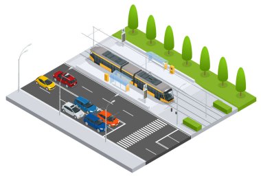 Modern tramvay durağı ve Metropolitan toplu taşıma sistemi tramvay araba featuring simgeler, teleferik ve modern tramvay Ideal ulaşım için tren yolda araçların infographics şehir ulaşım