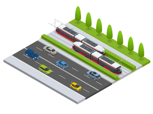 Vector isometrische pictogram stadsvervoer en infographic element tramwegen tramhalte op straat met auto naderen. Stedelijk vervoer voertuigen — Stockvector