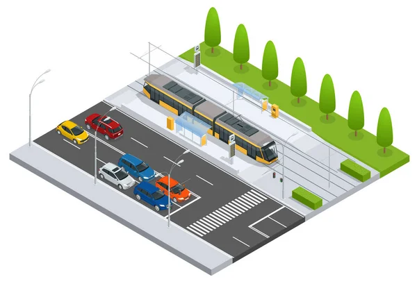Σύγχρονο τραμ για τη στάση και τα αυτοκίνητα στο δρόμο Μητροπολίτης μαζική διέλευση σύστημα εικονίδια που χαρακτηρίζει το αυτοκίνητό του τραμ, τελεφερίκ και του σύγχρονου τραμ τρένο ιδανικό για μεταφορά μεταφορές infographics πόλη — Διανυσματικό Αρχείο