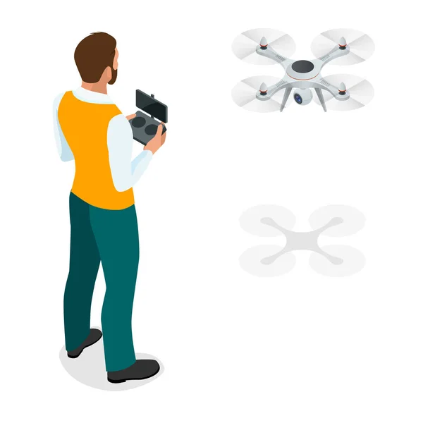 Isometrische man met drone quadrocopter, externe antenne drone met een camera waarbij fotografie of video-opname. spel sevremennaya, isometrics zakenman. Op een lichte achtergrond. Vectorillustratie. — Stockvector