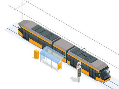 Tramvay durağı. Tramvay durağı izometrik Icon set vektör grafik illüstrasyon. Vektör şehir metro tren koleksiyonu. Çok sayıda yolcu taşımak üzere tasarlanmış Araçlar.