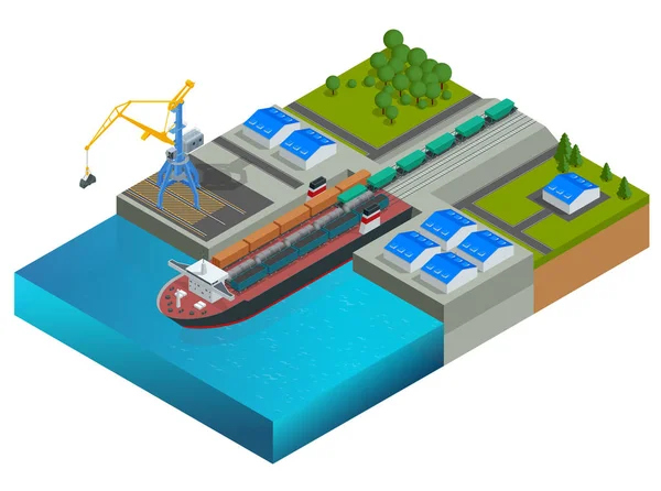 Quai ferroviaire isométrique, un ferry transportant des wagons. Train sur le ferry. Transport de grandes charges par la mer. Réseau logistique mondial. Ferryboat vectoriel — Image vectorielle