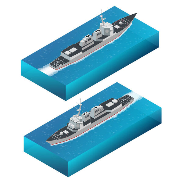 Изометрический истребитель управляемых ракет. Эсминец класса "Арли Берк" высочайшего качества. Военный корабль
