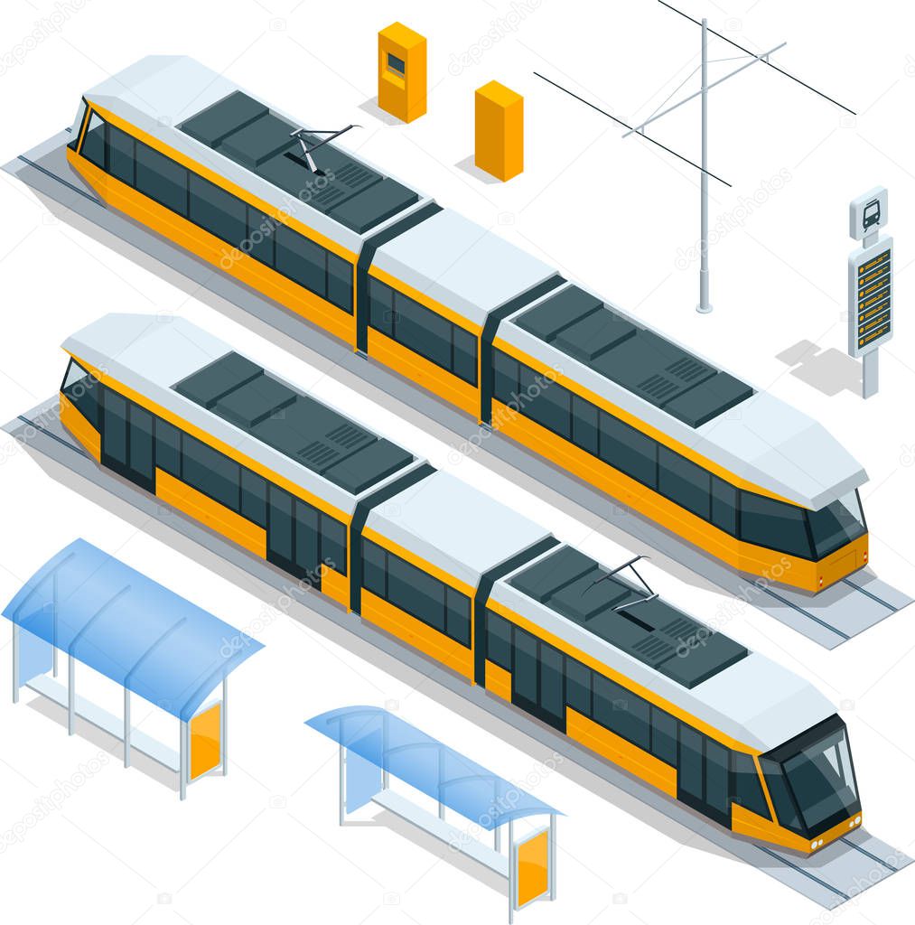 Set of isometric passenger Tram Train, Streetcar City Electric transport Streetcar Isolated on white Modern Urban Tramcar, Light rail train for branding identity and advertising design