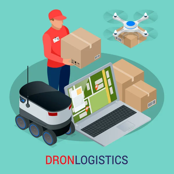 Izometrikus Drone gyors szállítása a városban. Szállítólevél technológiai innováció fogalma. Autonóm logisztikai. — Stock Vector