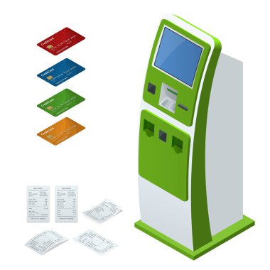 İzometrik vektör online ödeme sistemleri ve Self-Servis ödeme terminalleri, banka kredi kartı ve nakit tahsilat küme. NFC ödemeler, ödeme terminal, dijital dokunmatik ekran, interaktif kiosk konsept