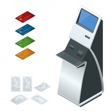 İzometrik vektör online ödeme sistemleri ve Self-Servis ödeme terminalleri, banka kredi kartı ve nakit tahsilat küme. NFC ödemeler, ödeme terminal, dijital dokunmatik ekran, interaktif kiosk konsept