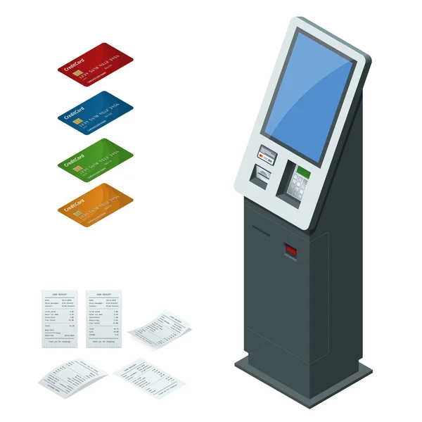 Isometrisch instellen vector online betaalsystemen en self service betalingen terminals, debetkaart credit en reçu NFC betalingen, betaling terminal, scherm van de aanraking van de digitale, interactieve kiosk concept — Stockvector