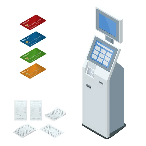 Изометрические векторные платежные системы и терминалы самообслуживания, дебетовые кредитные карты и квитанции наличными. Платежи NFC, Платежный терминал, Цифровой сенсорный экран, концепция интерактивного киоска — стоковый вектор