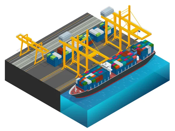 Isometrisk lastcontainrar lastas om mellan transportfordon för vidare transport hamnmagasin och transport för infographic plattform leverans fartyg logistikstöd varor verktyg maskiner — Stock vektor