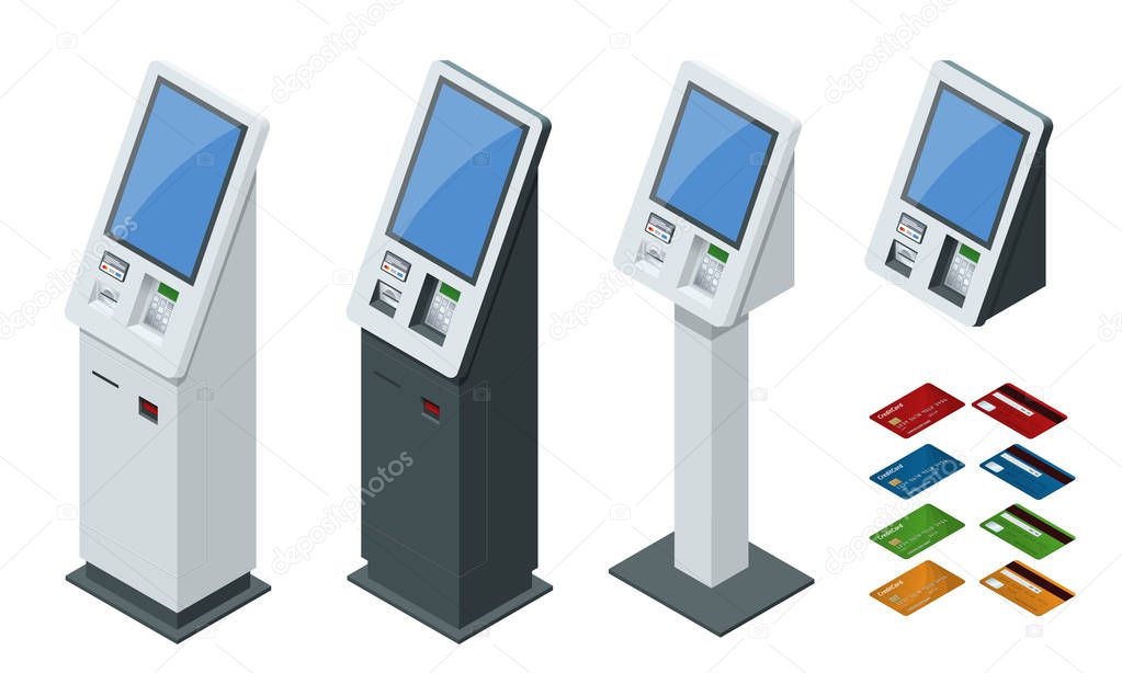 Isometric set vector online payment systems and self-service payments terminals, debit credit card and cash receipt. NFC payments, Payment terminal, Digital touch screen, interactive kiosk concept