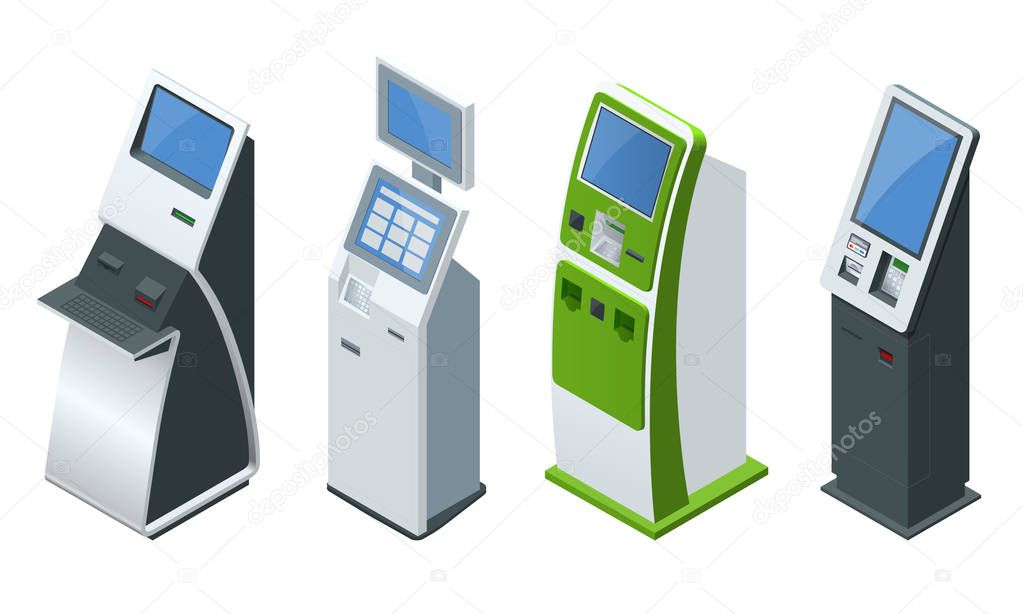 Isometric set vector online payment systems and self-service payments terminals, debit credit card and cash receipt. NFC payments, Payment terminal, Digital touch screen, interactive kiosk concept