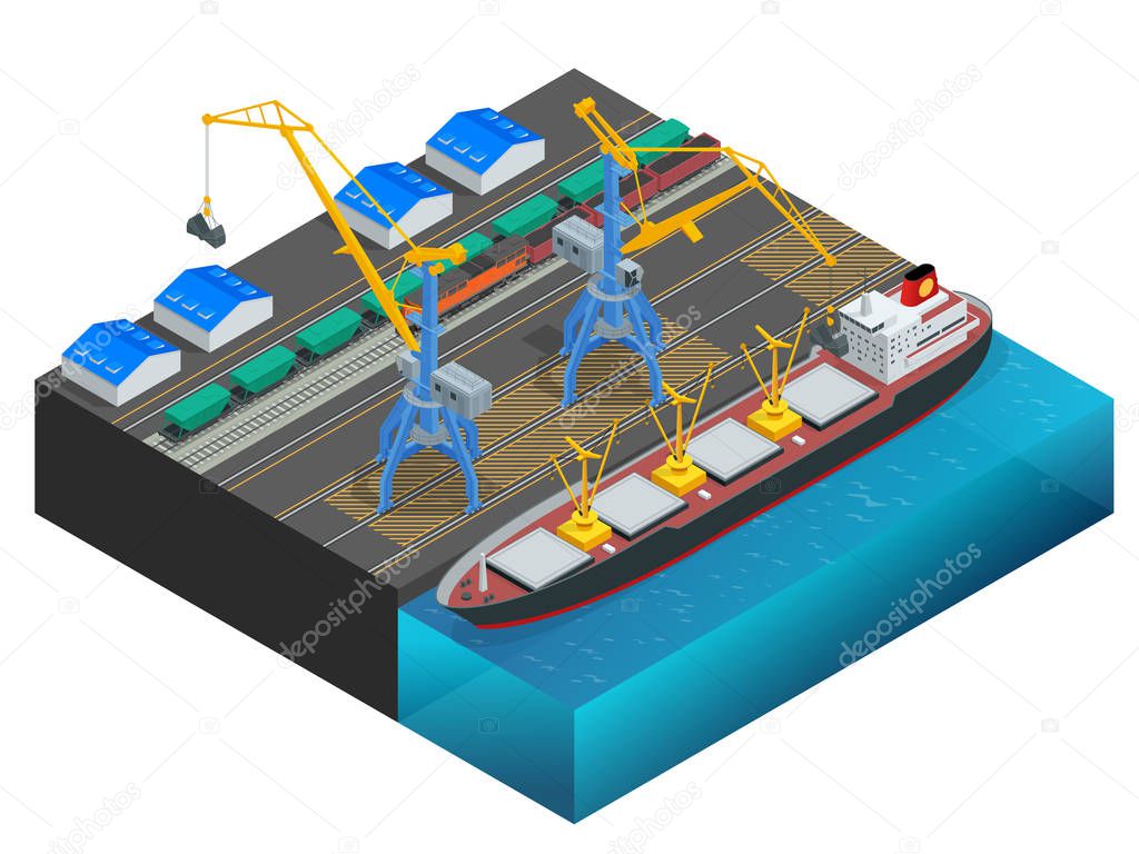 Isometric Cargo containers transshipped between transport vehicles for onward transportation Port warehouse and shipment for infographic Platform supply vessel Logistic support goods tools equipment