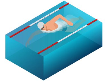 Sporcu çizgi yarış kapalı iç infographics yüzme. Düz izometrik erkek yüzücü vektör çizim