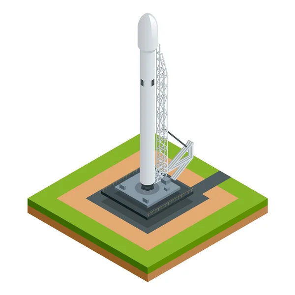 Cohete espacial isométrico vectorial aislado en blanco la nave espacial de dos etapas a órbita en la plataforma de partida — Vector de stock