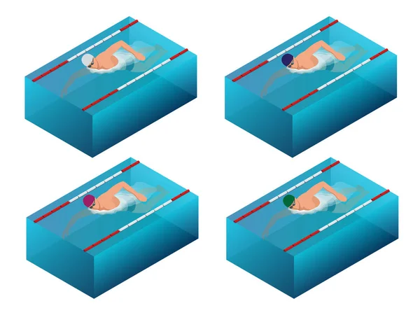 Sportler schwimmen Linie Rennen Indoor-Interieur-Infografik. flache isometrische Vektor-Darstellung männlicher Schwimmer — Stockvektor