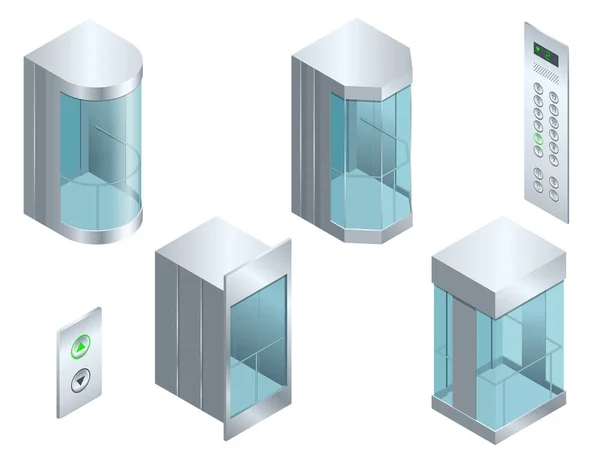 Vettore isometrico Vetro futuristico di forma cilindrica ascensore o ascensore interno isometrico con sala ascensore in stile contemporaneo . — Vettoriale Stock