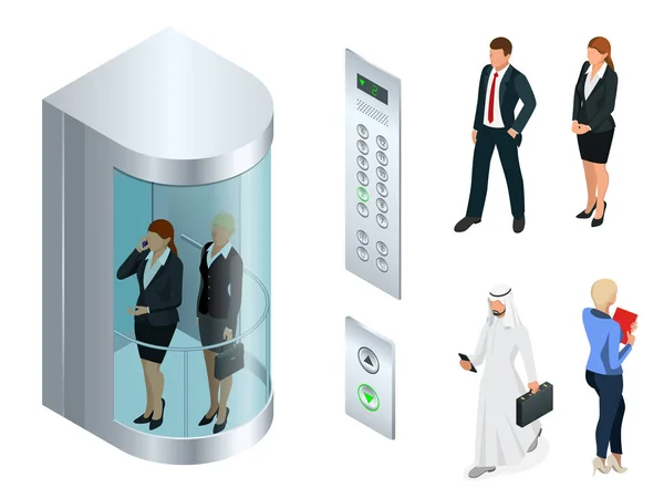 Conception vectorielle isométrique de l'ascenseur avec des personnes à l'intérieur et panneau de boutons. Réaliste salle d'ascenseur vide intérieur avec portes d'ascenseur métalliques proches — Image vectorielle