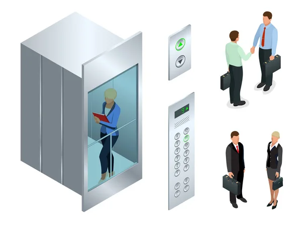 Conception vectorielle isométrique de l'ascenseur avec des personnes à l'intérieur et panneau de boutons. Réaliste salle d'ascenseur vide intérieur avec portes d'ascenseur métalliques proches — Image vectorielle