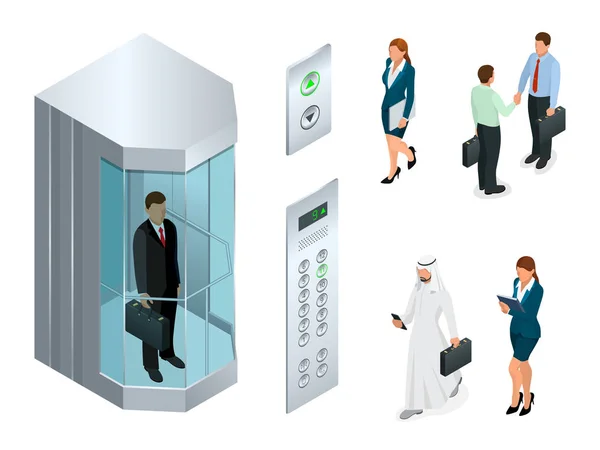 Isometrisches Vektordesign des Aufzugs mit Personen im Inneren und Knopfleiste. realistischer, leerer Aufzugshalleninnenraum mit geschlossenen metallischen Aufzugstüren — Stockvektor