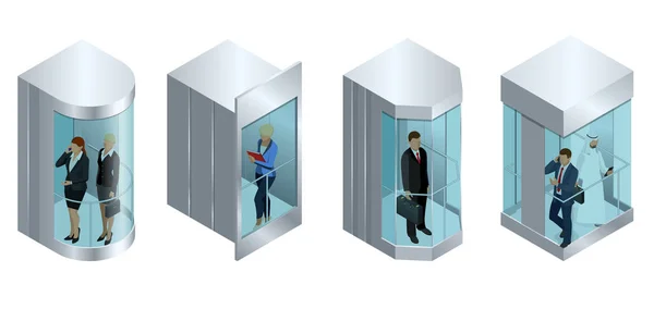 Design vettoriale isometrico dell'ascensore con persone all'interno e pannello dei pulsanti. Realistico vuoto ascensore sala interna con porte chiuse ascensore metallico — Vettoriale Stock
