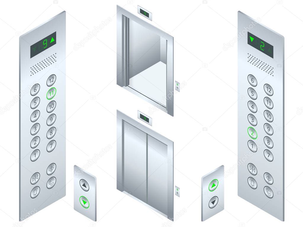 Isolated flat illustration Open and closed chrome metal office building elevator doors realistic hall interior and button panel. Isometric Elevator design set