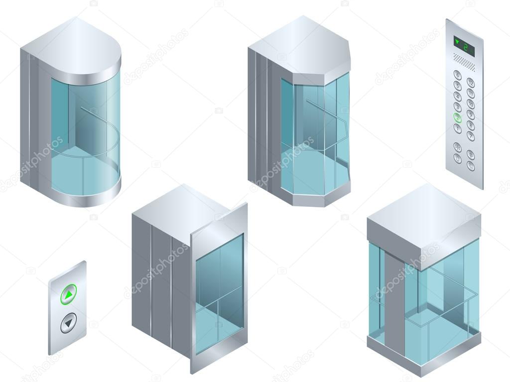 Isometric vector Glass futuristic cylindrical shape elevator or lift isometric interior with contemporary style lift hall.