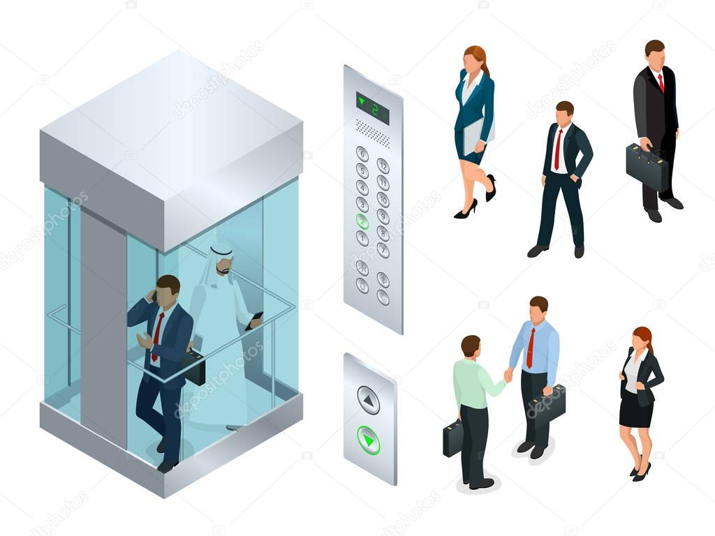 Isometric vector design of the elevator with people inside and button panel. Realistic empty elevator hall interior with close metallic lift doors